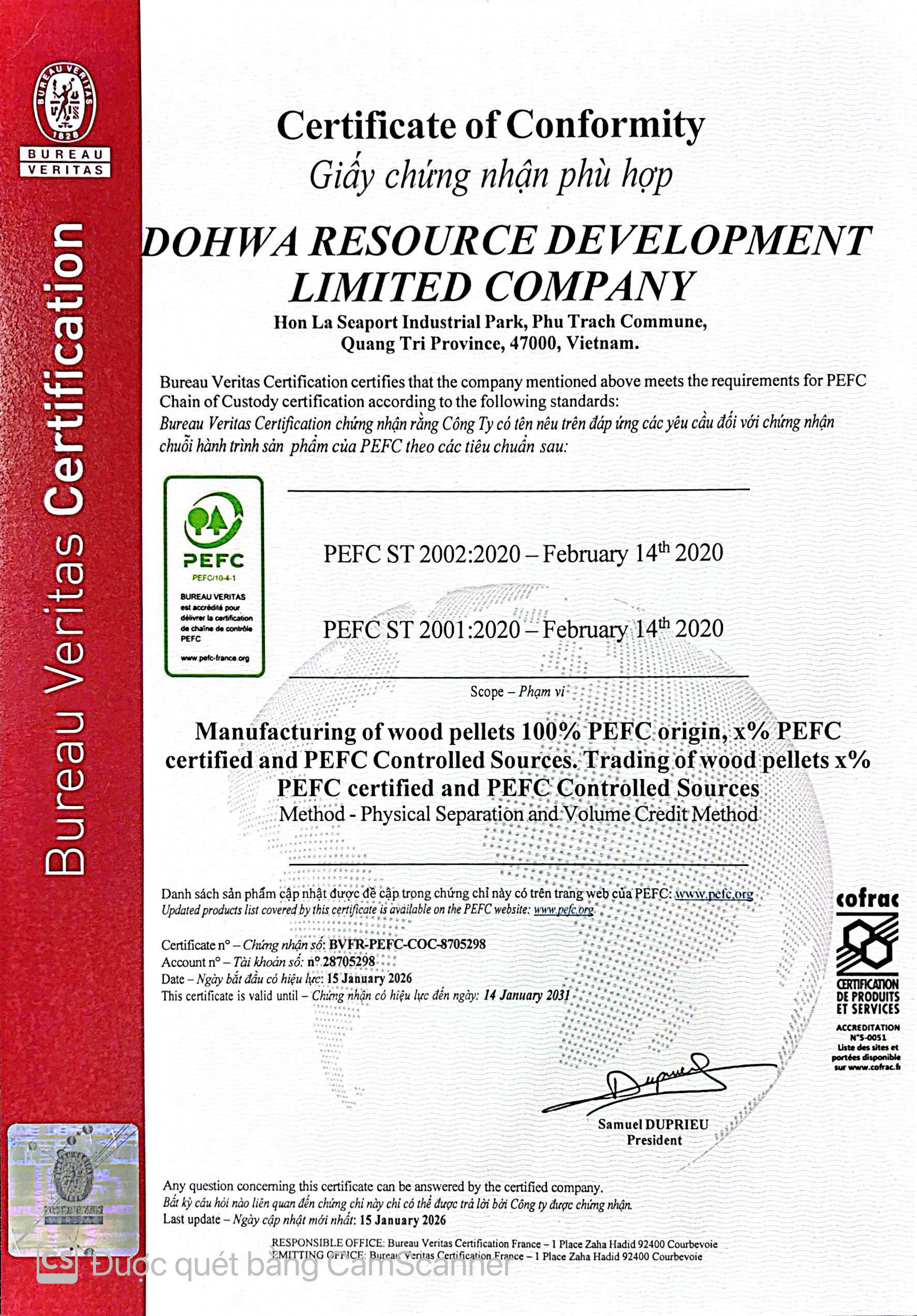 Chứng chỉ PEFC - DOHWA RESOURCE DEVELOPMENT đạt tiêu chuẩn chuỗi hành trình sản phẩm CoC