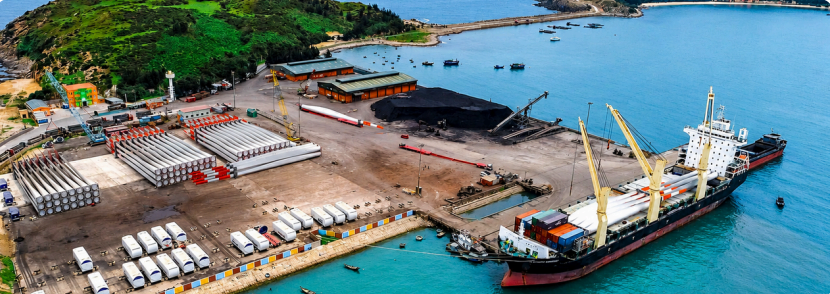 Cargo ship loading wood pellets at seaport